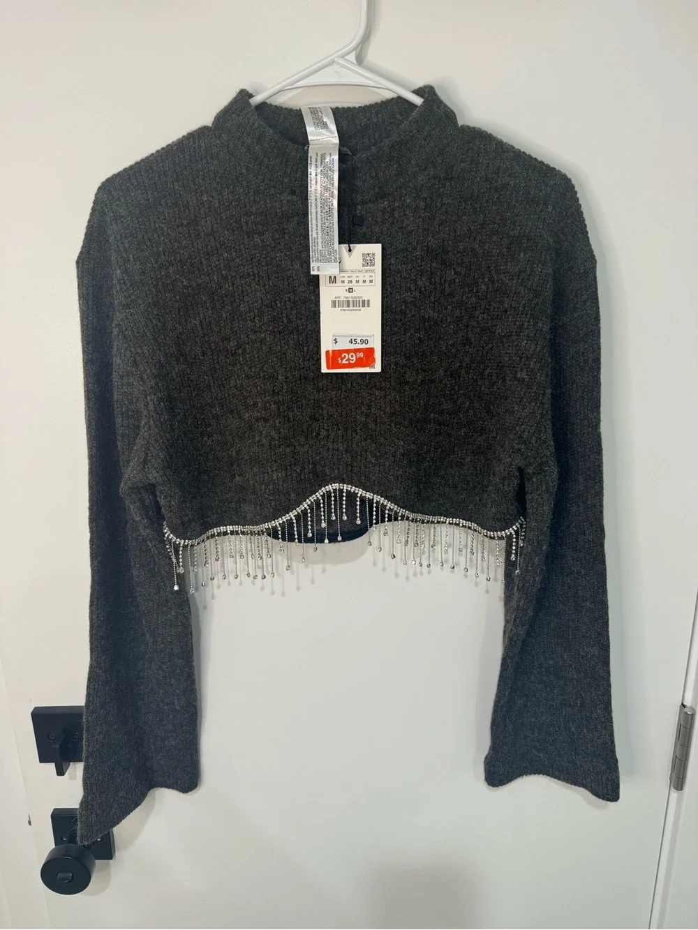 Zara Charcoal Cropped Sweater with Beaded Fringe
